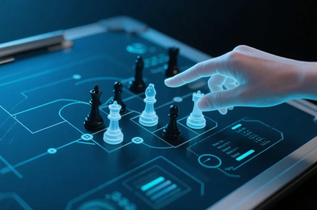 战术板上的战术图，半透明的手指正在移动棋子，极具科技与冷静感