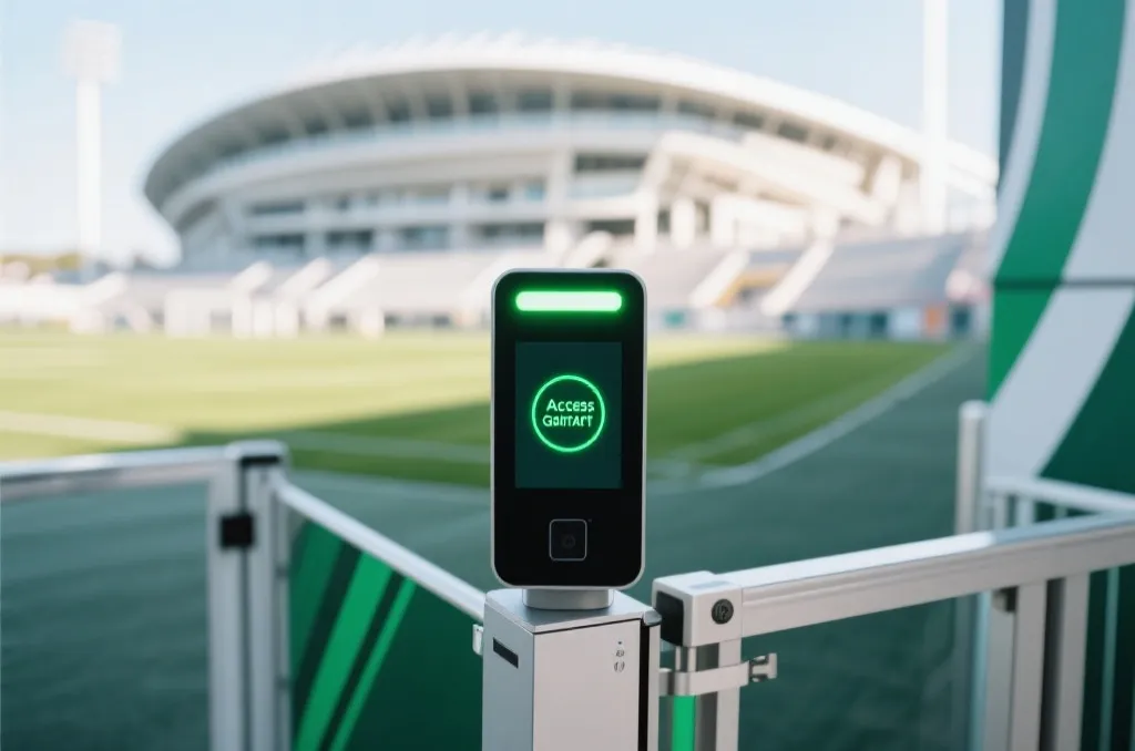 Modern stadium entrance gate with an abstract electronic ticket scanner displaying a green access granted icon, background of a contemporary sports arena